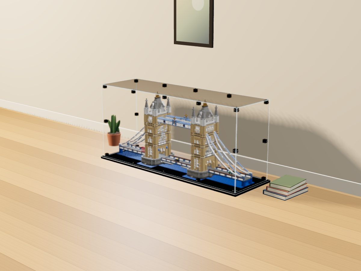 LEGO® Icons: Tower Bridge (10214) ile Uyumlu Sergileme Vitrini — evde, set içindeyken; set modeli Orion Pobursky (LDraw OMR, CC BY 2.0), temsili görselleştirme, set dahil değildir
