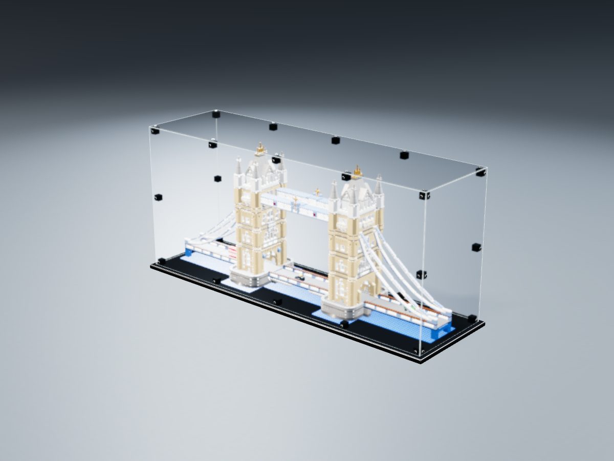 LEGO® Icons: Tower Bridge (10214) ile Uyumlu Sergileme Vitrini — stüdyoda, set içindeyken; set modeli Orion Pobursky (LDraw OMR, CC BY 2.0), temsili görselleştirme, set dahil değildir