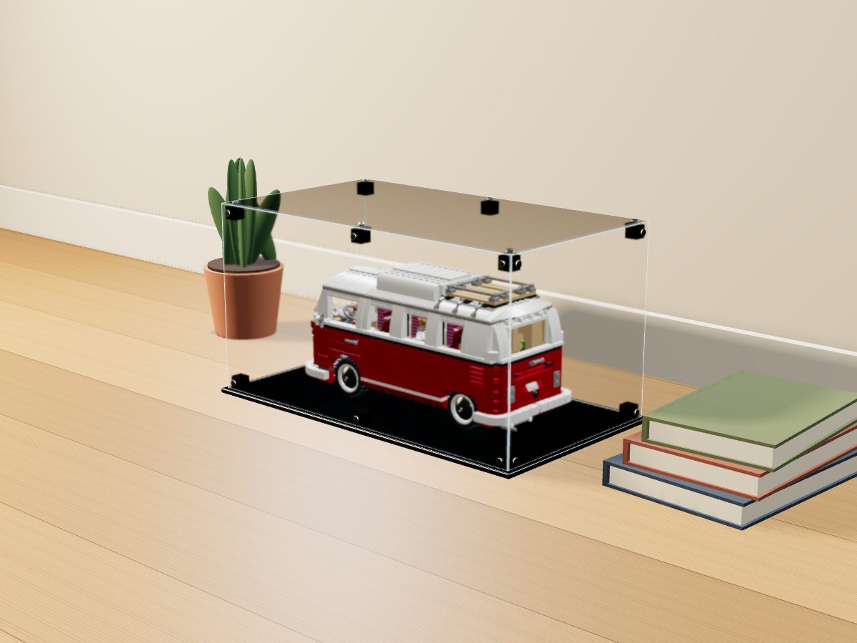 LEGO® Icons: Volkswagen T1 Camper Van (10220) ile Uyumlu Sergileme Vitrini — evde, set içindeyken; set modeli Stan Isachenko (LDraw OMR, CC BY 2.0), temsili görselleştirme, set dahil değildir