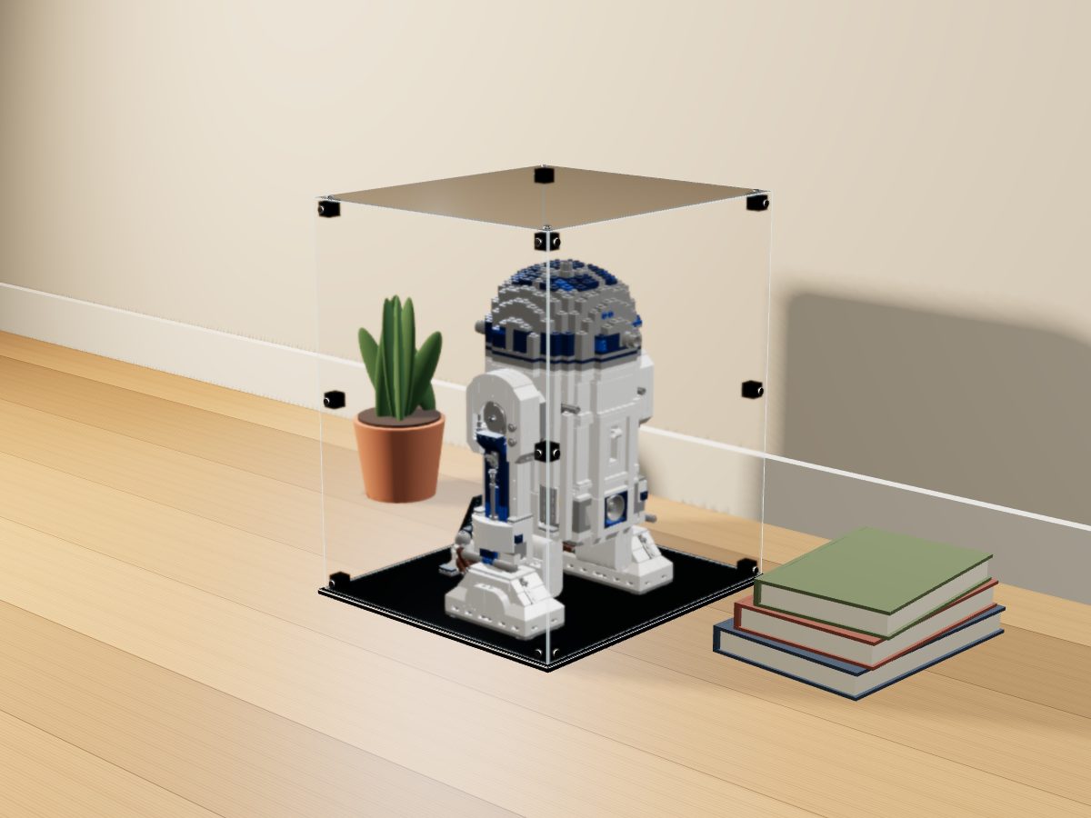 LEGO® Star Wars: R2-D2 (10225) ile Uyumlu Sergileme Vitrini — evde, set içindeyken; set modeli Marc Giraudet [Mad_Marc] (LDraw forumu, OMR gönderimi, CC BY 2.0), temsili görselleştirme, set dahil değildir
