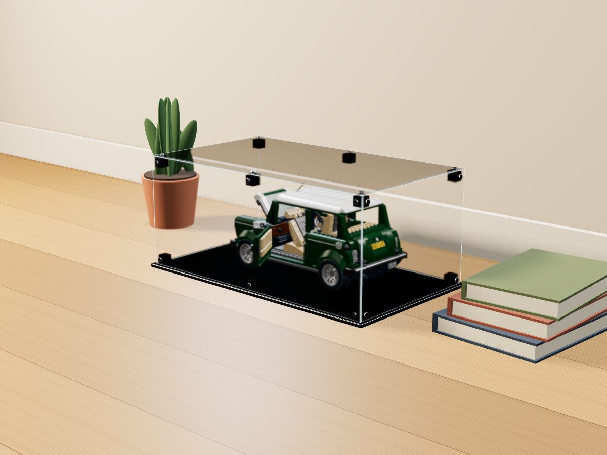 LEGO® Icons: MINI Cooper (10242) ile Uyumlu Sergileme Vitrini — evde, set içindeyken; set modeli Magnus Forsberg (LDraw OMR, CC BY 2.0), temsili görselleştirme, set dahil değildir
