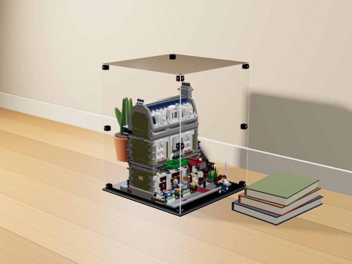 LEGO® Icons: Parisian Restaurant (10243) ile Uyumlu Sergileme Vitrini — evde, set içindeyken; set modeli Willy Tschager (LDraw OMR, CC BY 2.0), temsili görselleştirme, set dahil değildir