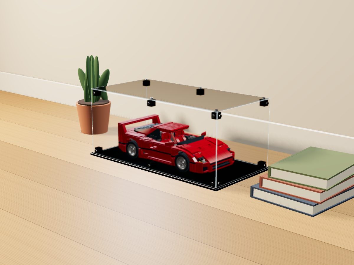 LEGO® Icons: Ferrari F40 (10248) ile Uyumlu Sergileme Vitrini — evde, set içindeyken; set modeli Magnus Forsberg (LDraw OMR, CC BY 2.0), temsili görselleştirme, set dahil değildir