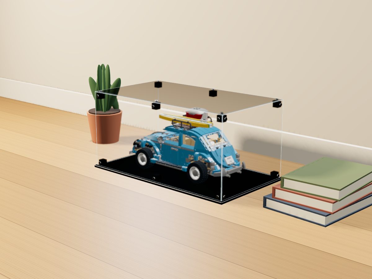 LEGO® Icons: Volkswagen Beetle (10252) ile Uyumlu Sergileme Vitrini — evde, set içindeyken; set modeli Roland Dahl (LDraw OMR, CC BY 2.0), temsili görselleştirme, set dahil değildir