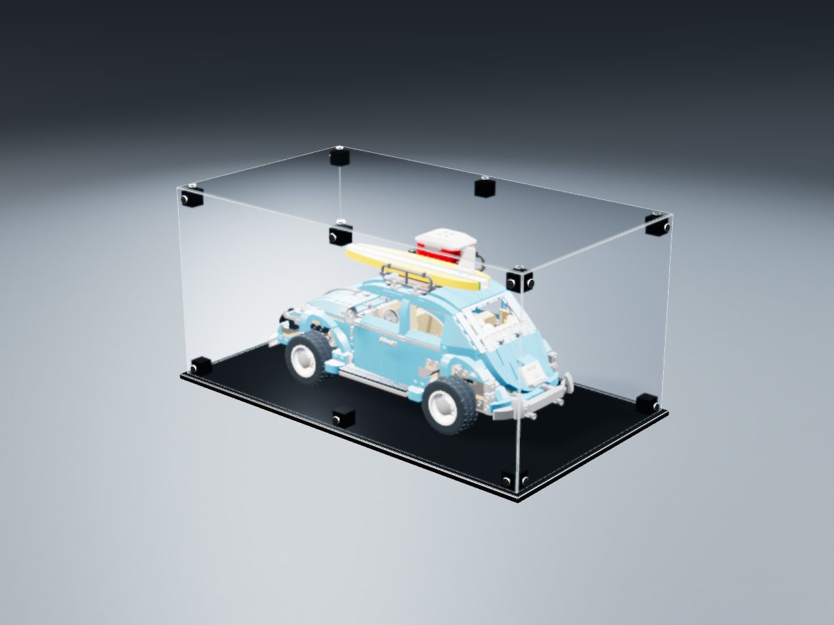LEGO® Icons: Volkswagen Beetle (10252) ile Uyumlu Sergileme Vitrini — stüdyoda, set içindeyken; set modeli Roland Dahl (LDraw OMR, CC BY 2.0), temsili görselleştirme, set dahil değildir