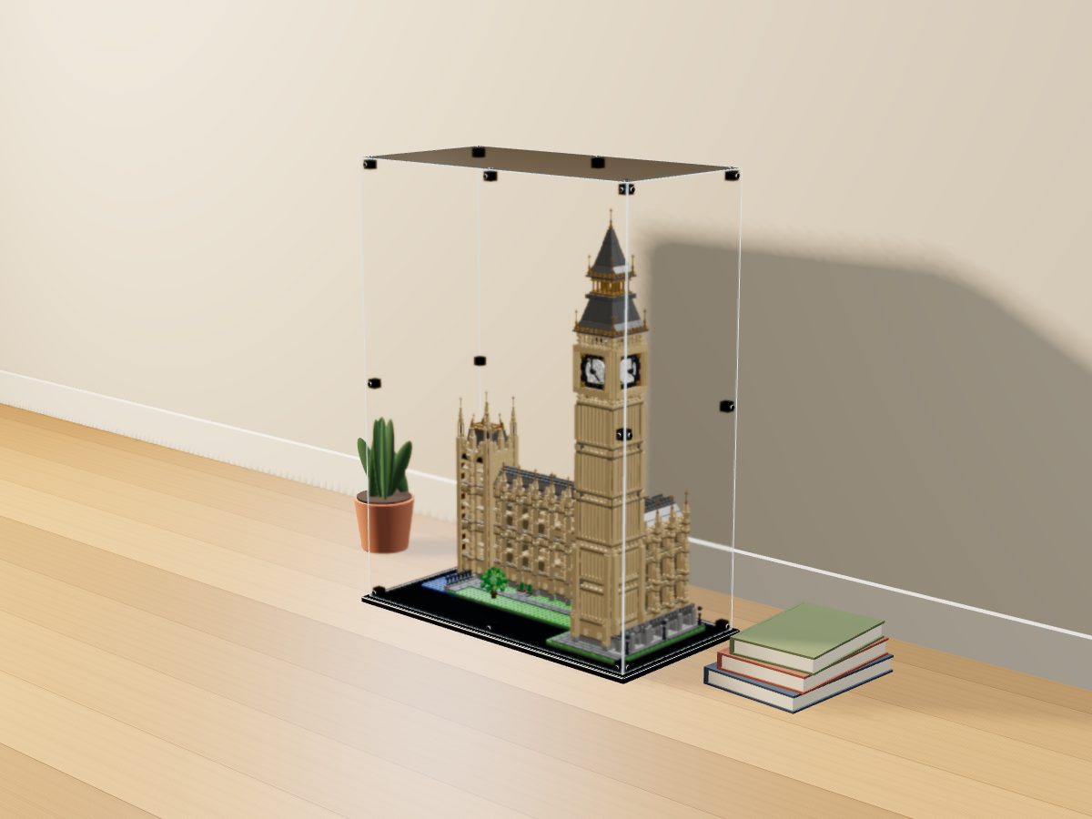 LEGO® Icons: Big Ben (10253) ile Uyumlu Sergileme Vitrini — evde, set içindeyken; set modeli Orion Pobursky (LDraw OMR, CC BY 2.0), temsili görselleştirme, set dahil değildir
