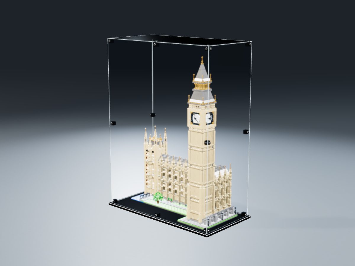 LEGO® Icons: Big Ben (10253) ile Uyumlu Sergileme Vitrini — stüdyoda, set içindeyken; set modeli Orion Pobursky (LDraw OMR, CC BY 2.0), temsili görselleştirme, set dahil değildir