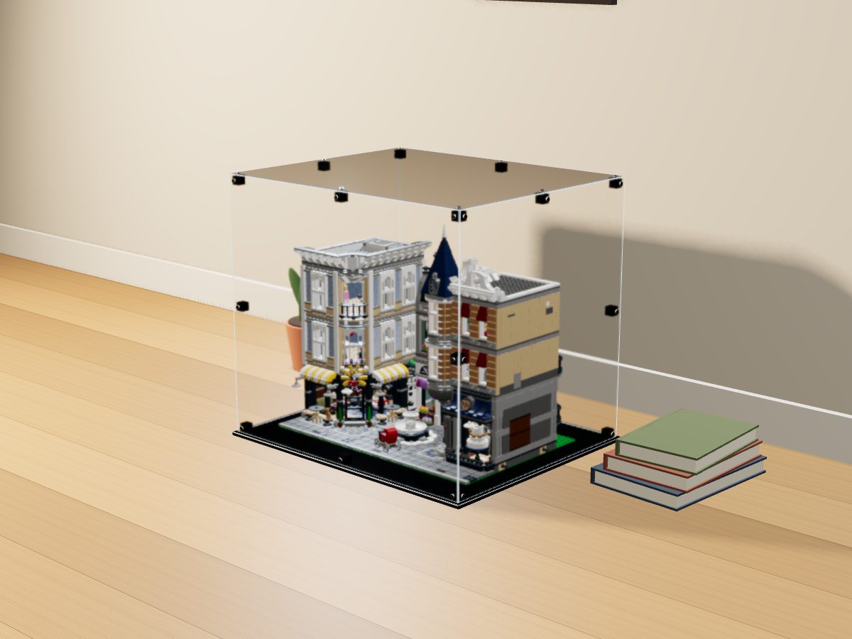 LEGO® Icons: Assembly Square (10255) ile Uyumlu Sergileme Vitrini — evde, set içindeyken; set modeli Marc Giraudet [Mad_Marc] (LDraw forumu, OMR gönderimi, CC BY 2.0), temsili görselleştirme, set dahil değildir