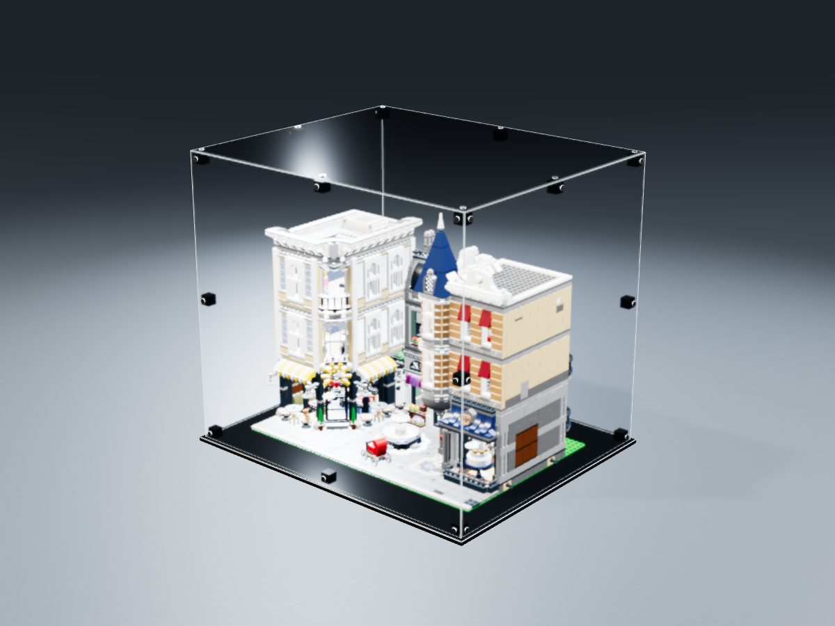 LEGO® Icons: Assembly Square (10255) ile Uyumlu Sergileme Vitrini — stüdyoda, set içindeyken; set modeli Marc Giraudet [Mad_Marc] (LDraw forumu, OMR gönderimi, CC BY 2.0), temsili görselleştirme, set dahil değildir