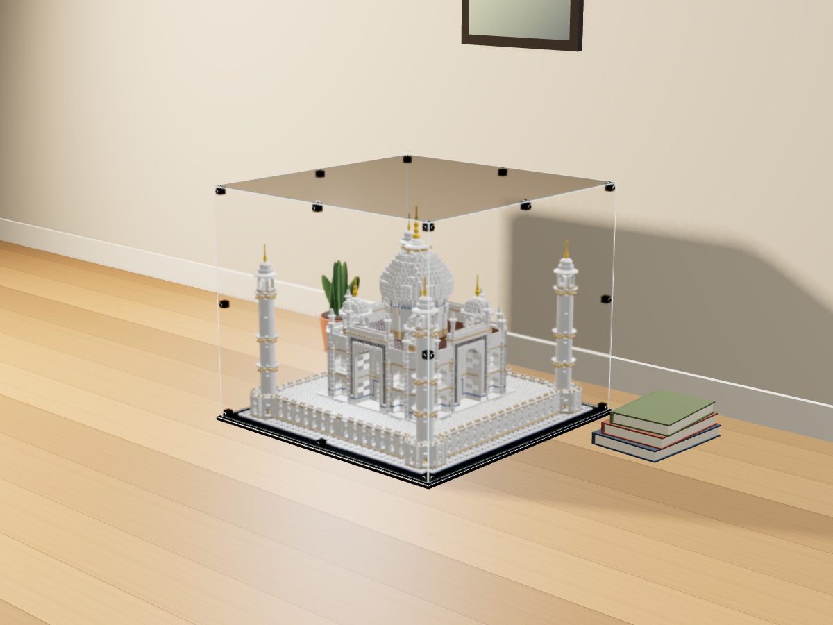 LEGO® Icons: Taj Mahal (10256) ile Uyumlu Sergileme Vitrini — evde, set içindeyken; set modeli Orion Pobursky (LDraw OMR, CC BY 2.0), temsili görselleştirme, set dahil değildir