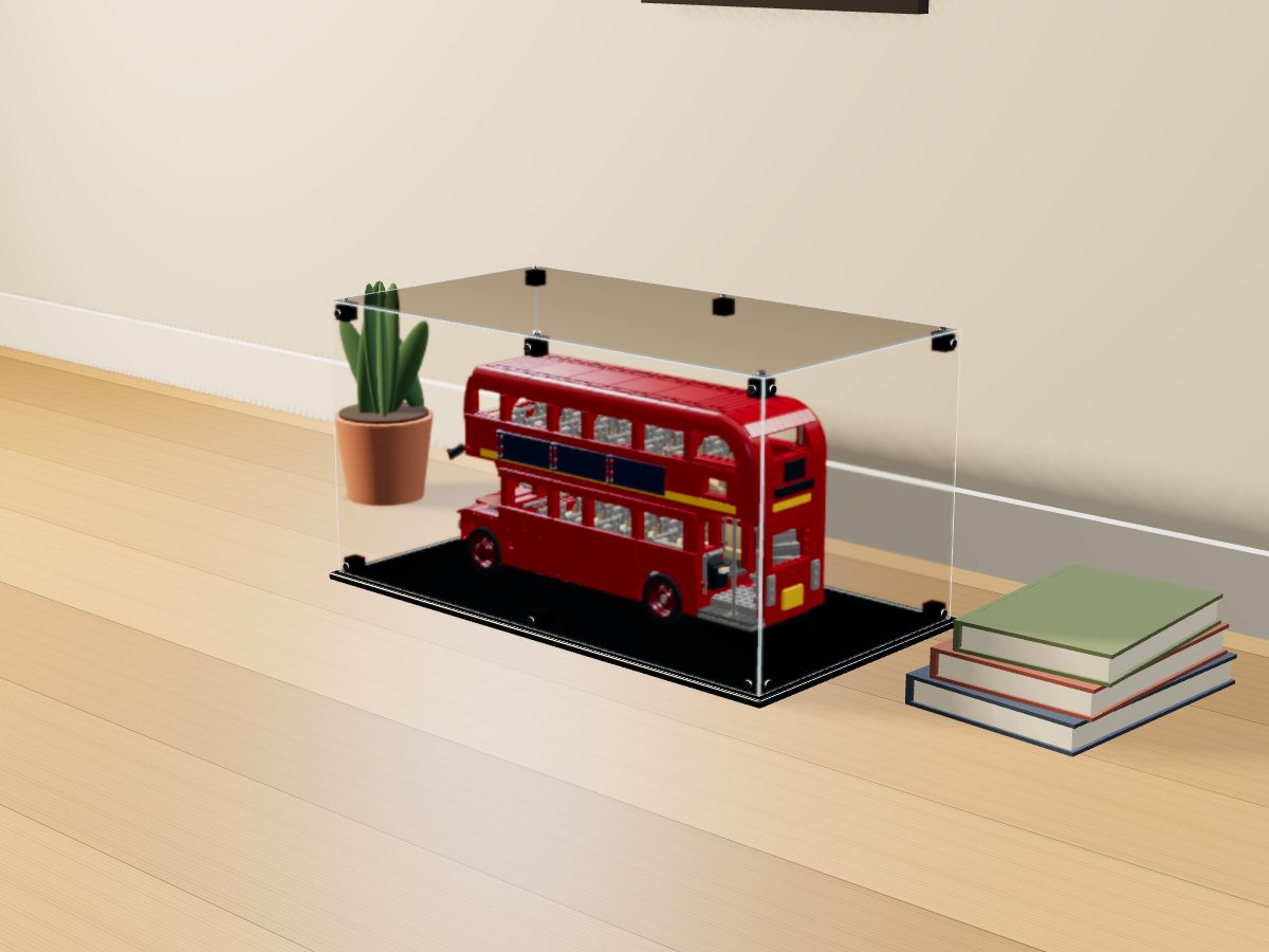 LEGO® Icons: London Bus (10258) ile Uyumlu Sergileme Vitrini — evde, set içindeyken; set modeli Philippe Hurbain (LDraw OMR, CC BY 2.0), temsili görselleştirme, set dahil değildir