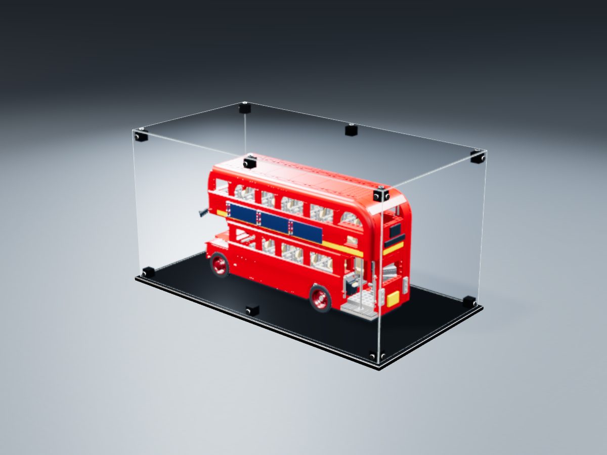 LEGO® Icons: London Bus (10258) ile Uyumlu Sergileme Vitrini — stüdyoda, set içindeyken; set modeli Philippe Hurbain (LDraw OMR, CC BY 2.0), temsili görselleştirme, set dahil değildir