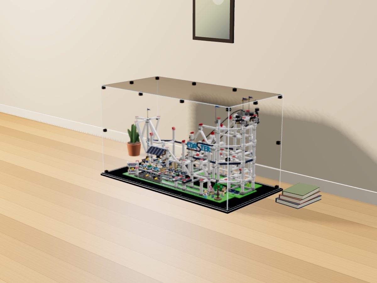 LEGO® Icons: Roller Coaster (10261) ile Uyumlu Sergileme Vitrini — evde, set içindeyken; set modeli Philippe Hurbain (LDraw OMR, CC BY 2.0), temsili görselleştirme, set dahil değildir