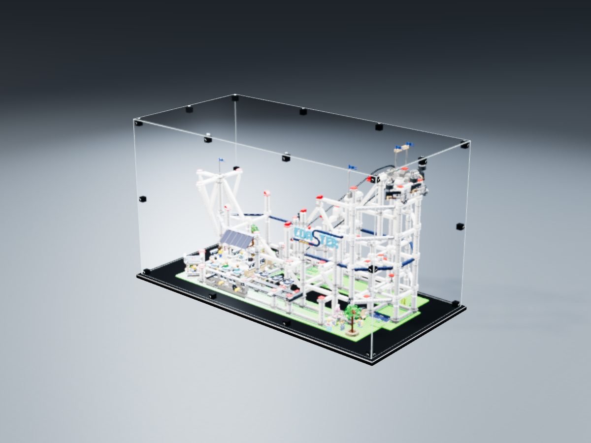 LEGO® Icons: Roller Coaster (10261) ile Uyumlu Sergileme Vitrini — stüdyoda, set içindeyken; set modeli Philippe Hurbain (LDraw OMR, CC BY 2.0), temsili görselleştirme, set dahil değildir