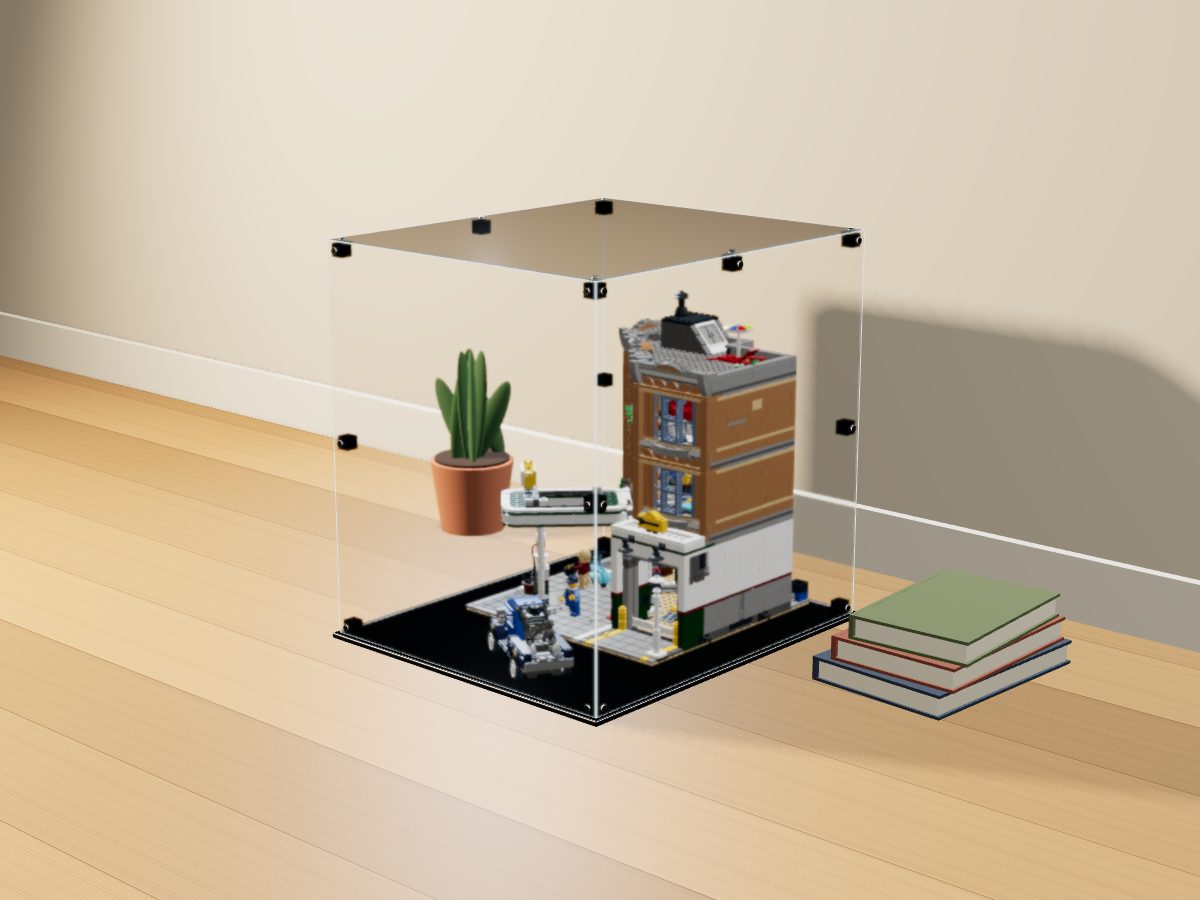 LEGO® Icons: Corner Garage (10264) ile Uyumlu Sergileme Vitrini — evde, set içindeyken; set modeli Jaco van der Molen (LDraw OMR, CC BY 2.0), temsili görselleştirme, set dahil değildir