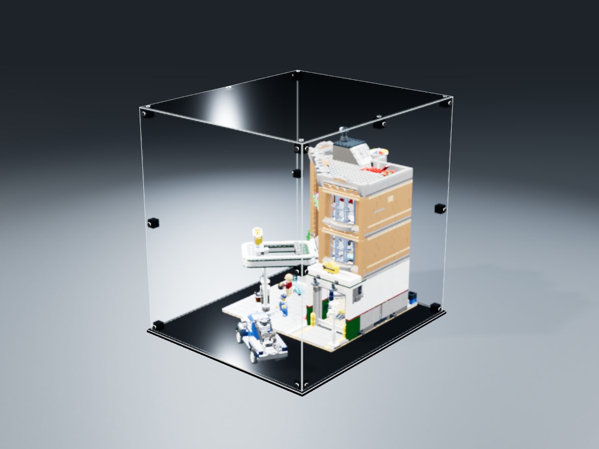 LEGO® Icons: Corner Garage (10264) ile Uyumlu Sergileme Vitrini — stüdyoda, set içindeyken; set modeli Jaco van der Molen (LDraw OMR, CC BY 2.0), temsili görselleştirme, set dahil değildir