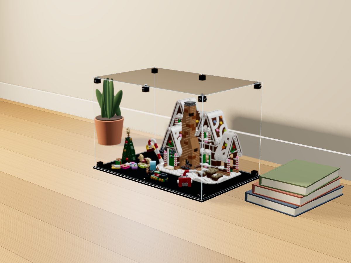 LEGO® Creator: Gingerbread House (10267) ile Uyumlu Sergileme Vitrini — evde, set içindeyken; set modeli Orion Pobursky (LDraw OMR, CC BY 2.0), temsili görselleştirme, set dahil değildir