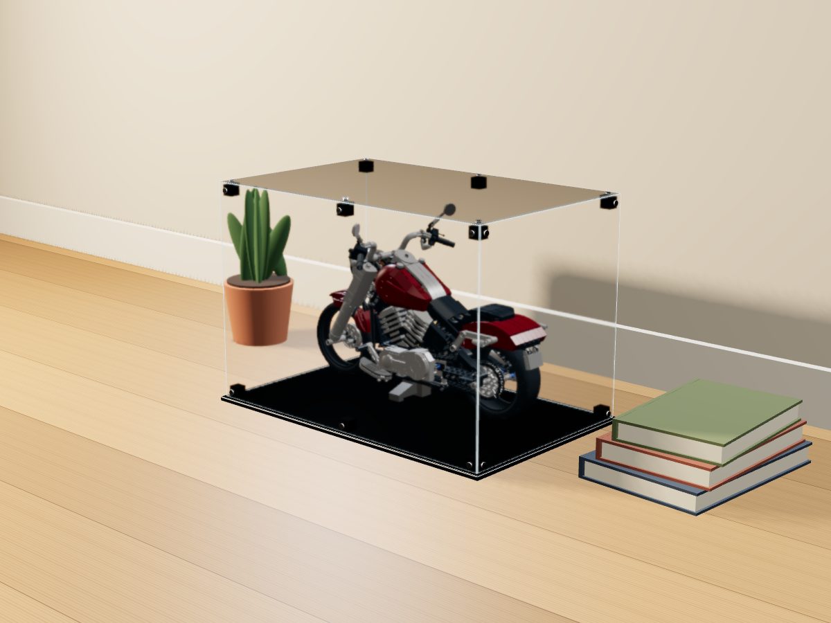LEGO® Icons: Harley-Davidson Fat Boy (10269) ile Uyumlu Sergileme Vitrini — evde, set içindeyken; set modeli Orion Pobursky (LDraw OMR, CC BY 2.0), temsili görselleştirme, set dahil değildir
