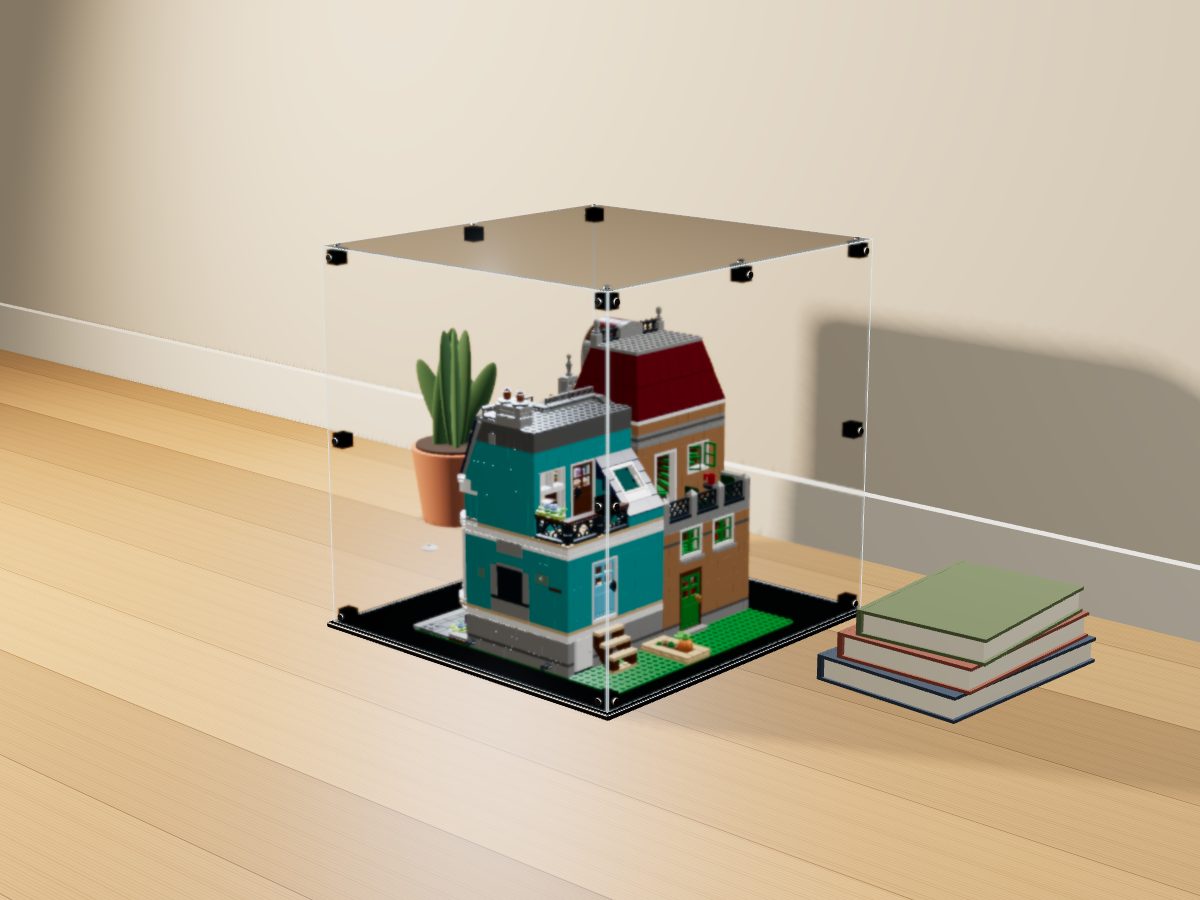 LEGO® Icons: Bookshop (10270) ile Uyumlu Sergileme Vitrini — evde, set içindeyken; set modeli Ulrich Röder (LDraw OMR, CC BY 2.0), temsili görselleştirme, set dahil değildir