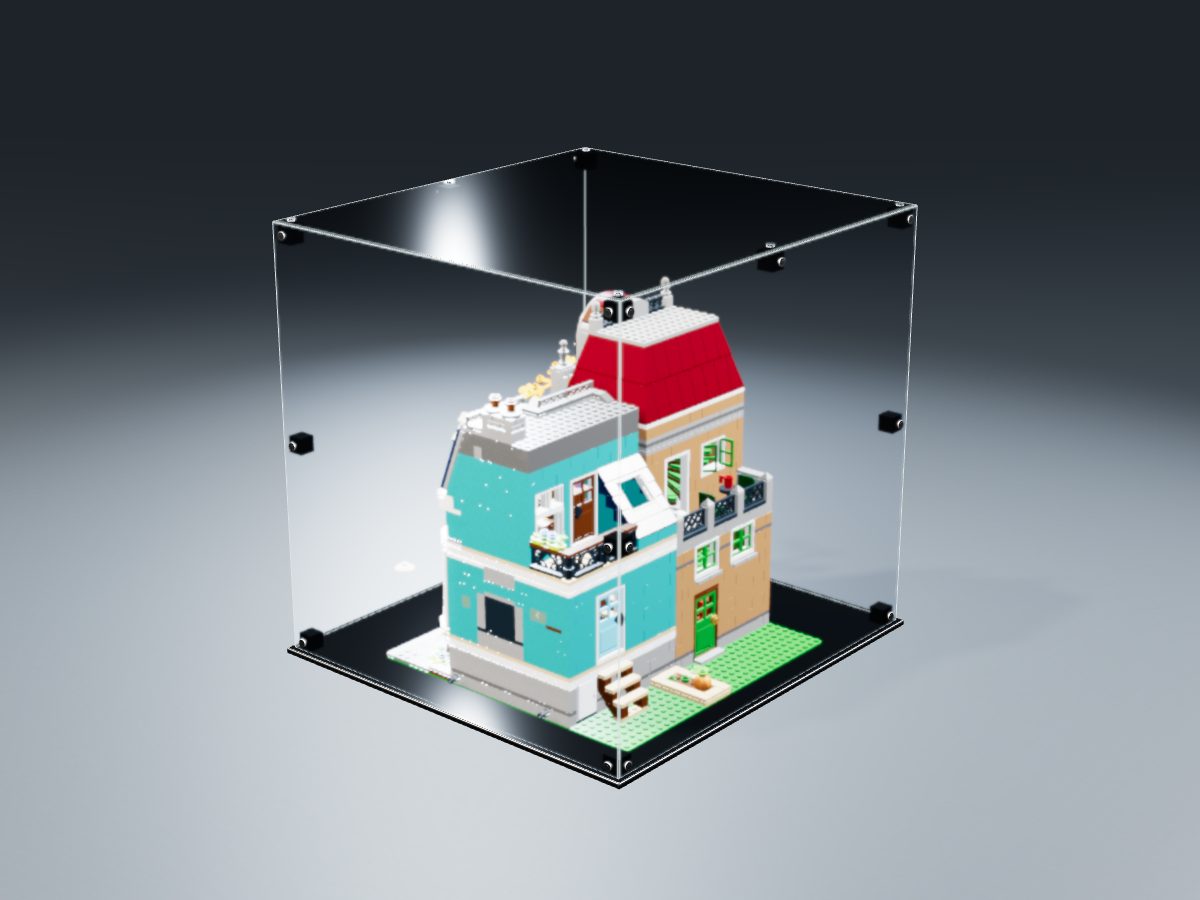 LEGO® Icons: Bookshop (10270) ile Uyumlu Sergileme Vitrini — stüdyoda, set içindeyken; set modeli Ulrich Röder (LDraw OMR, CC BY 2.0), temsili görselleştirme, set dahil değildir