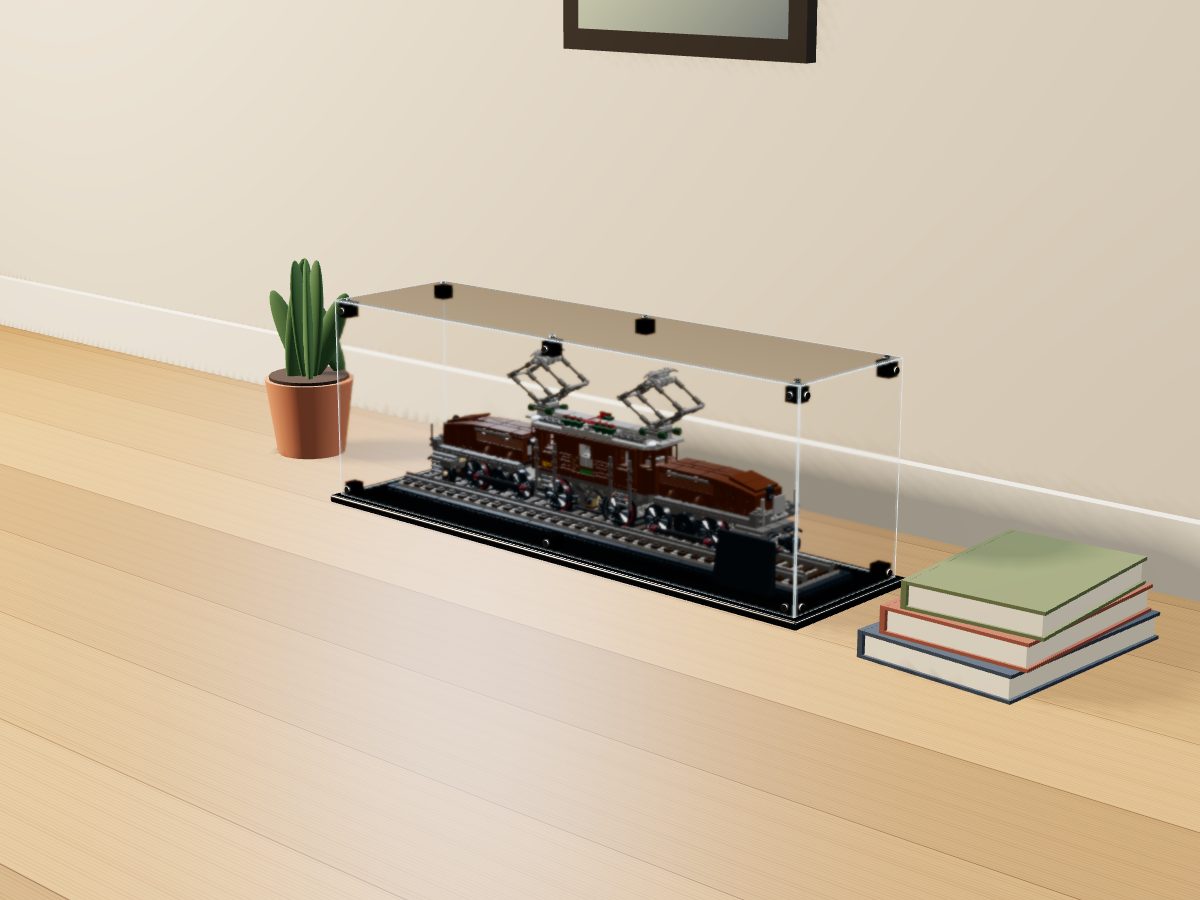 LEGO® Icons: Crocodile Locomotive (10277) ile Uyumlu Sergileme Vitrini — evde, set içindeyken; set modeli Ulrich Röder {UR} (LDraw OMR, CC BY 2.0), temsili görselleştirme, set dahil değildir