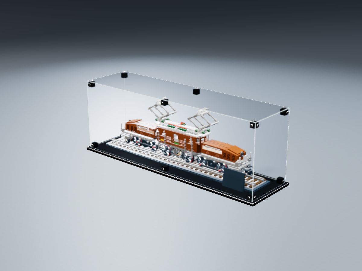 LEGO® Icons: Crocodile Locomotive (10277) ile Uyumlu Sergileme Vitrini — stüdyoda, set içindeyken; set modeli Ulrich Röder {UR} (LDraw OMR, CC BY 2.0), temsili görselleştirme, set dahil değildir