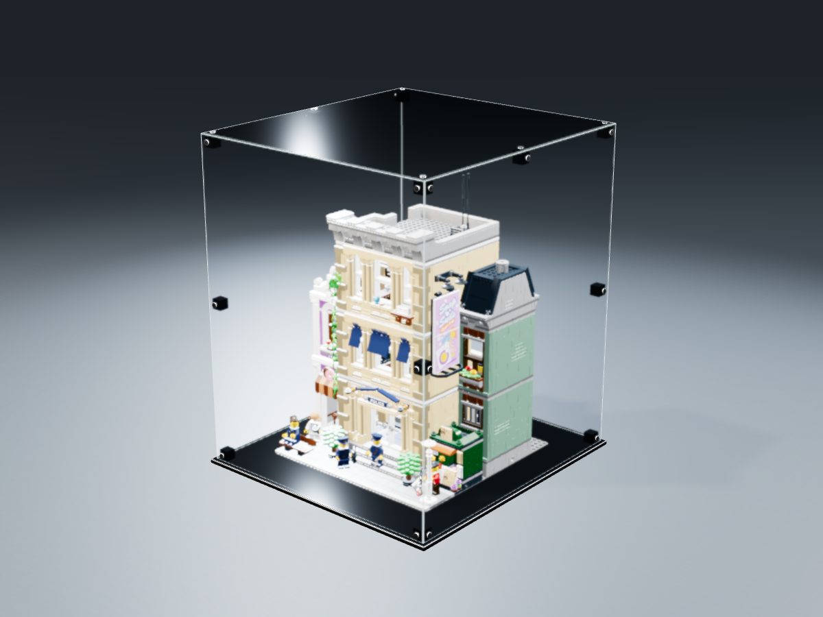 LEGO® Icons: Police Station (10278) ile Uyumlu Sergileme Vitrini — stüdyoda, set içindeyken; set modeli Philippe Hurbain (LDraw OMR, CC BY 2.0), temsili görselleştirme, set dahil değildir