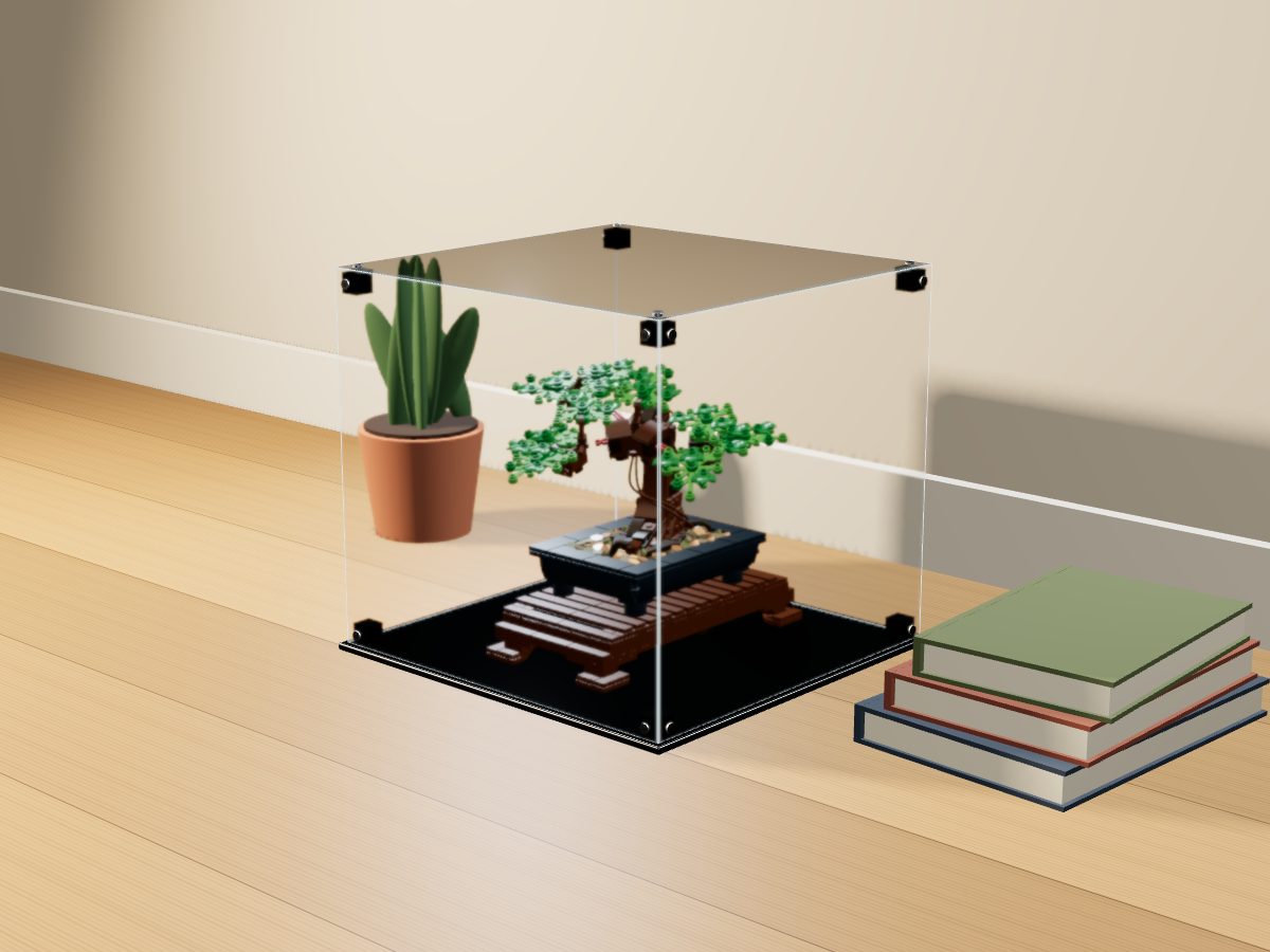 LEGO® Botanicals: Bonsai Tree (10281) ile Uyumlu Sergileme Vitrini — evde, set içindeyken; set modeli Orion Pobursky (LDraw OMR, CC BY 2.0), temsili görselleştirme, set dahil değildir