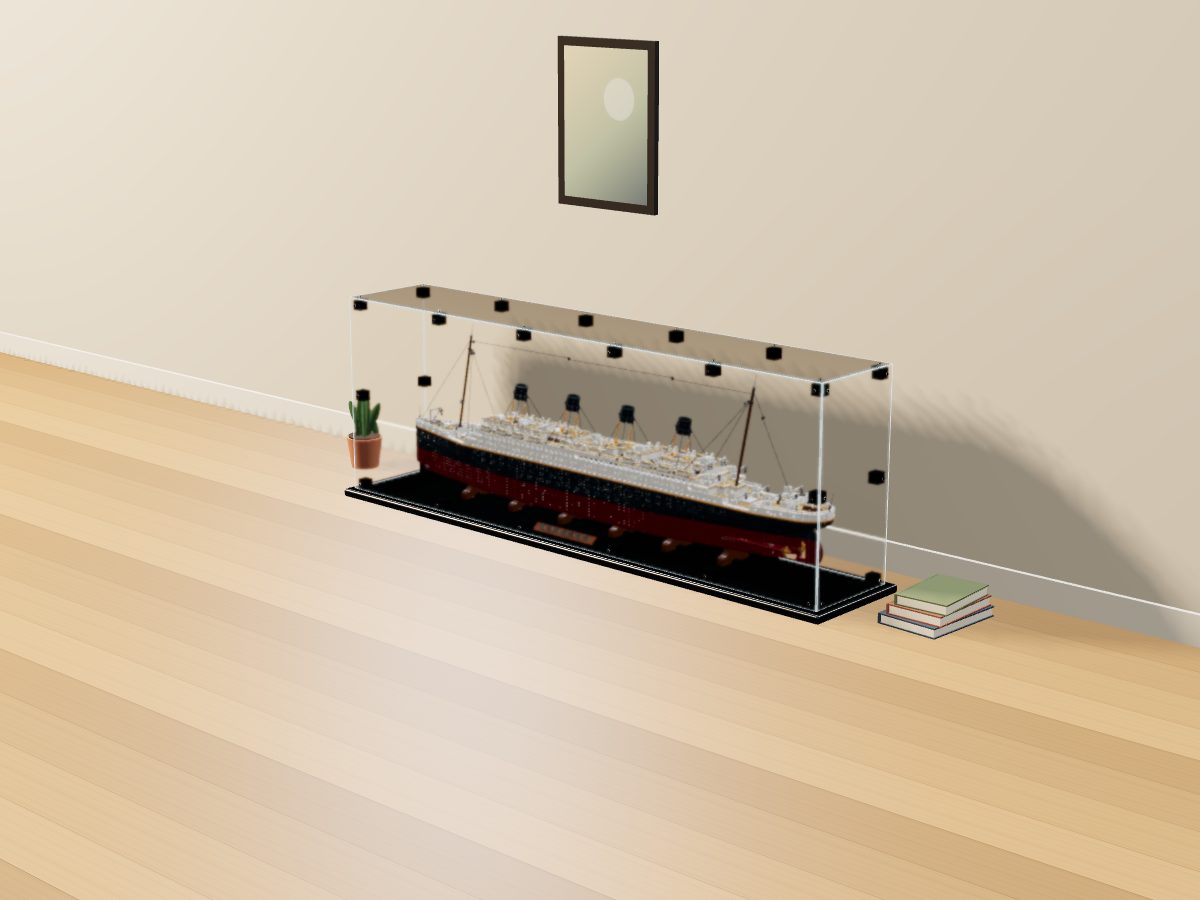 LEGO® Icons: Titanic (10294) ile Uyumlu Sergileme Vitrini — evde, set içindeyken; set modeli Jens Brühl (LDraw OMR, CC BY 2.0), temsili görselleştirme, set dahil değildir