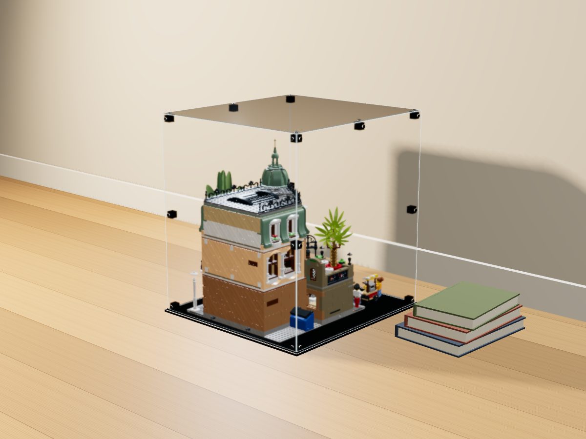 LEGO® Icons: Boutique Hotel (10297) ile Uyumlu Sergileme Vitrini — evde, set içindeyken; set modeli Philippe Hurbain (LDraw OMR, CC BY 2.0), temsili görselleştirme, set dahil değildir