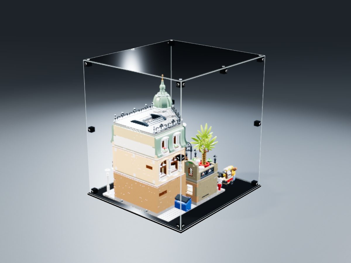LEGO® Icons: Boutique Hotel (10297) ile Uyumlu Sergileme Vitrini — stüdyoda, set içindeyken; set modeli Philippe Hurbain (LDraw OMR, CC BY 2.0), temsili görselleştirme, set dahil değildir