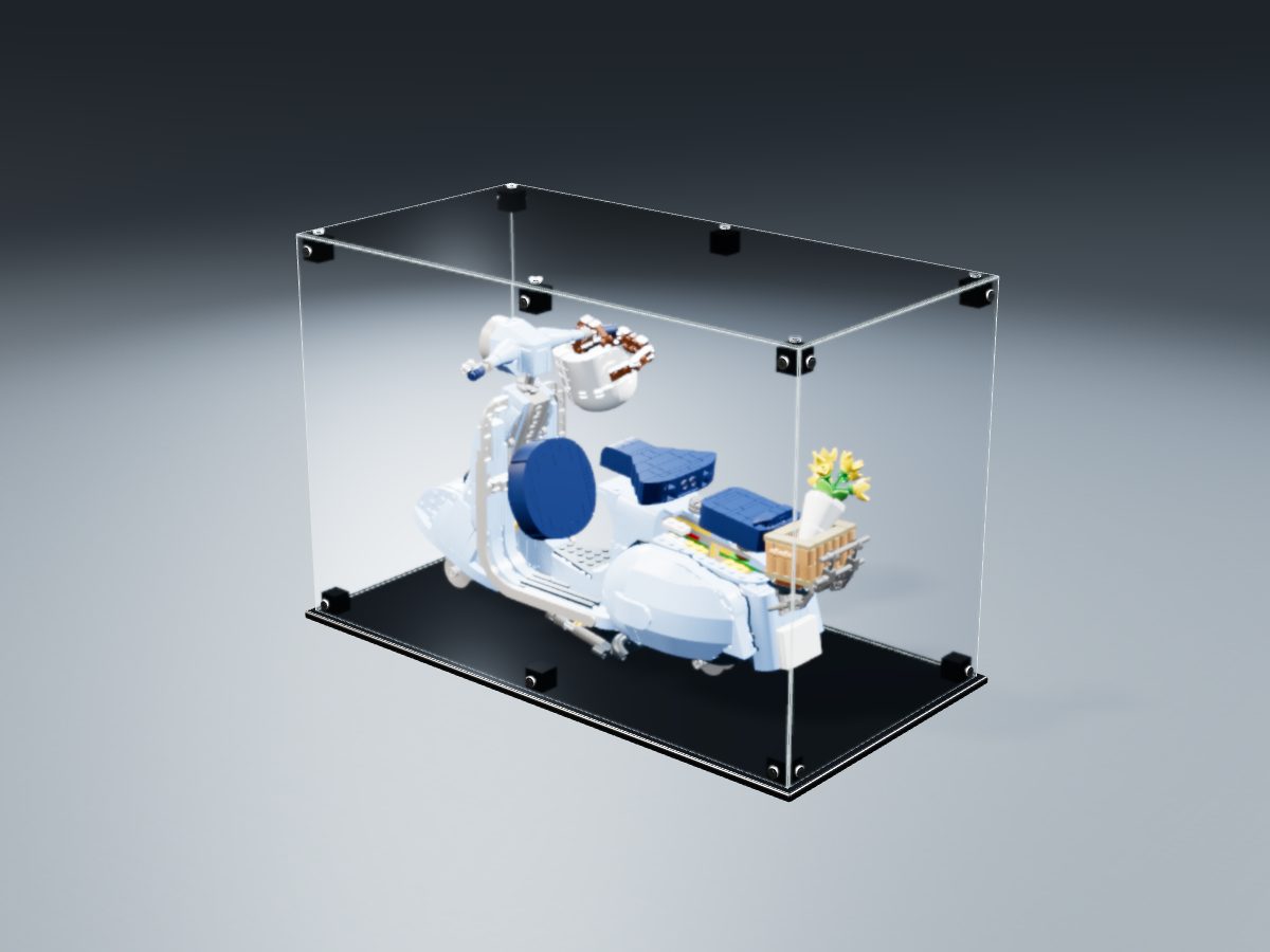 LEGO® Icons: Vespa 125 (10298) ile Uyumlu Sergileme Vitrini — stüdyoda, set içindeyken; set modeli Philippe Hurbain (LDraw OMR, CC BY 2.0), temsili görselleştirme, set dahil değildir
