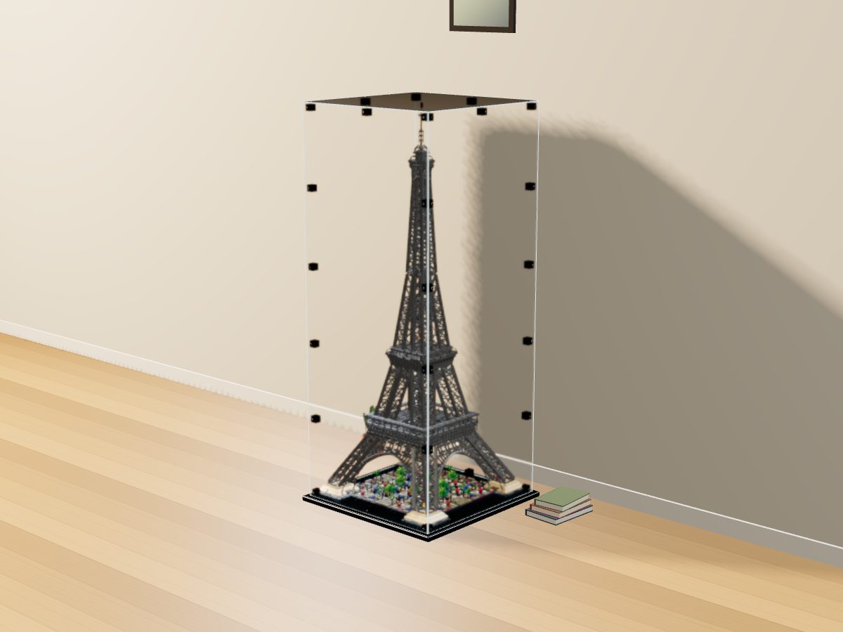LEGO® Icons: Eiffel Tower (10307) ile Uyumlu Sergileme Vitrini — evde, set içindeyken; set modeli Marc Giraudet [Mad_Marc] (LDraw forumu, OMR gönderimi, CC BY 2.0), temsili görselleştirme, set dahil değildir