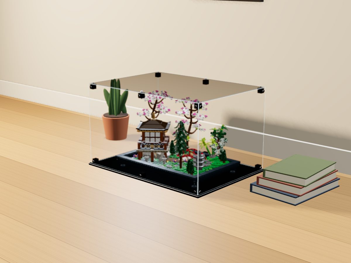 LEGO® Icons: Tranquil Garden (10315) ile Uyumlu Sergileme Vitrini — evde, set içindeyken; set modeli Orion Pobursky (LDraw OMR, CC BY 4.0), temsili görselleştirme, set dahil değildir