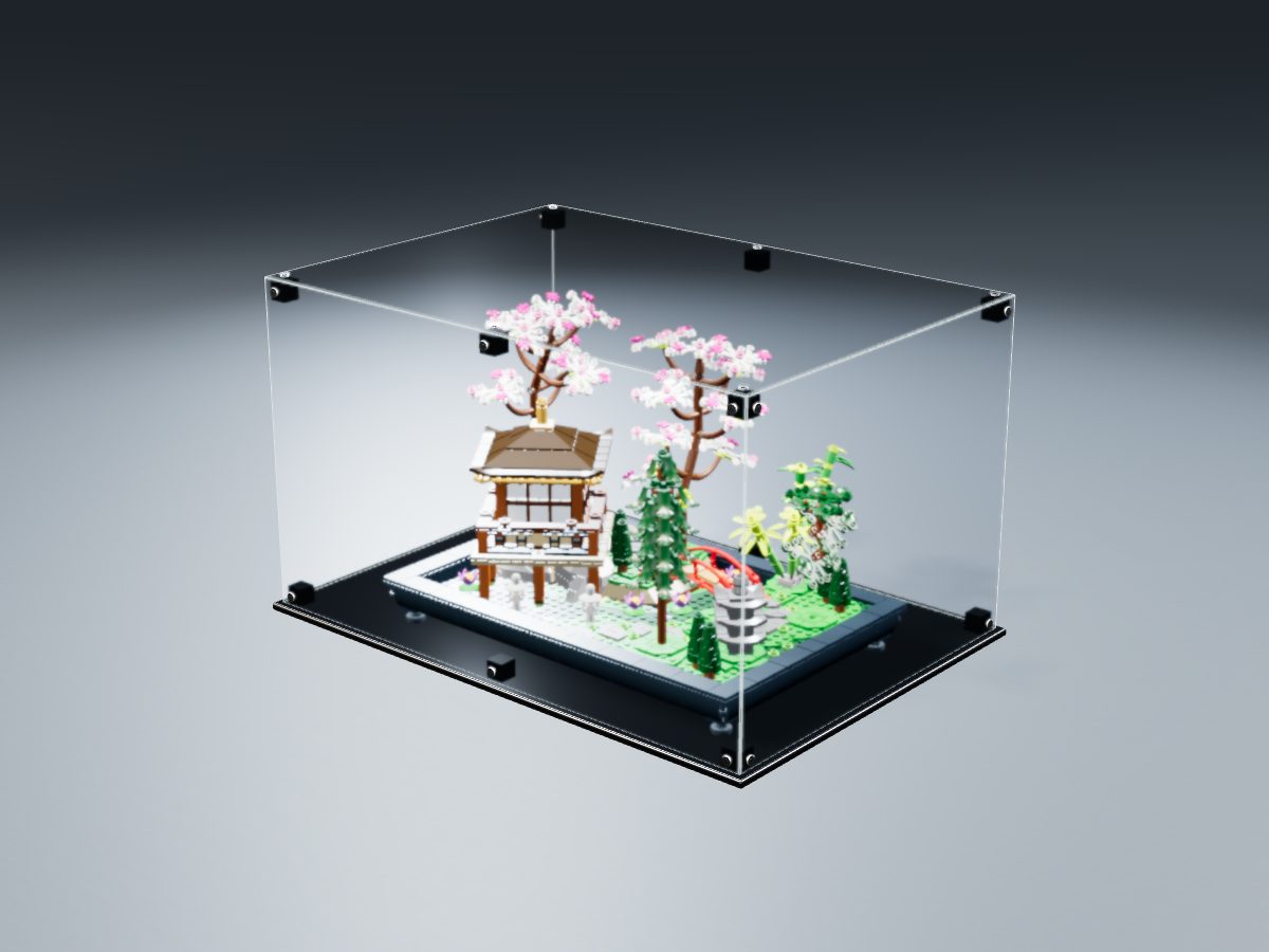 LEGO® Icons: Tranquil Garden (10315) ile Uyumlu Sergileme Vitrini — stüdyoda, set içindeyken; set modeli Orion Pobursky (LDraw OMR, CC BY 4.0), temsili görselleştirme, set dahil değildir