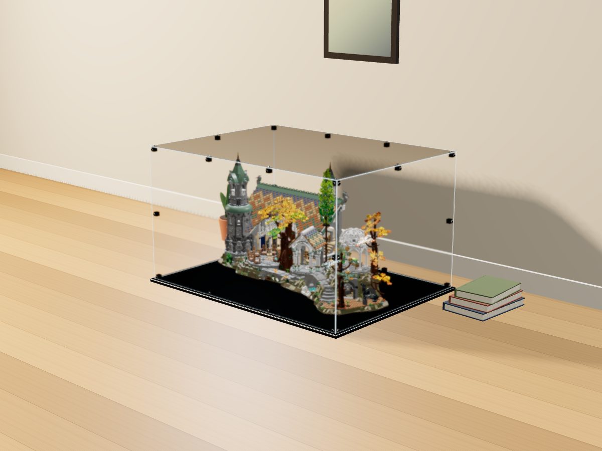 LEGO® Icons: Lord of the Rings: Rivendell (10316) ile Uyumlu Sergileme Vitrini — evde, set içindeyken; set modeli Florent Faramond [Makou] (LDraw forumu, OMR gönderimi, CC BY 2.0), temsili görselleştirme, set dahil değildir