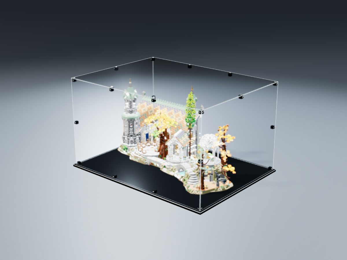LEGO® Icons: Lord of the Rings: Rivendell (10316) ile Uyumlu Sergileme Vitrini — stüdyoda, set içindeyken; set modeli Florent Faramond [Makou] (LDraw forumu, OMR gönderimi, CC BY 2.0), temsili görselleştirme, set dahil değildir
