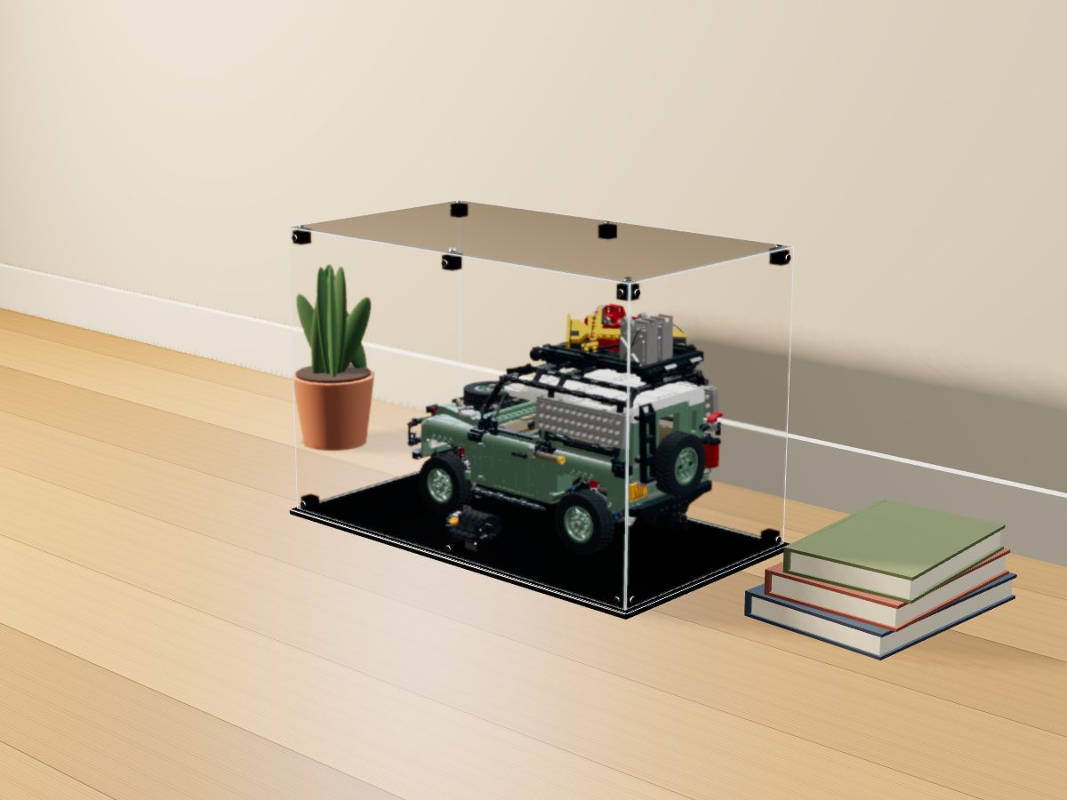 LEGO® Icons: Land Rover Classic Defender 90 (10317) ile Uyumlu Sergileme Vitrini — evde, set içindeyken; set modeli Florent Faramond [Makou] (LDraw forumu, OMR gönderimi, CC BY 2.0), temsili görselleştirme, set dahil değildir