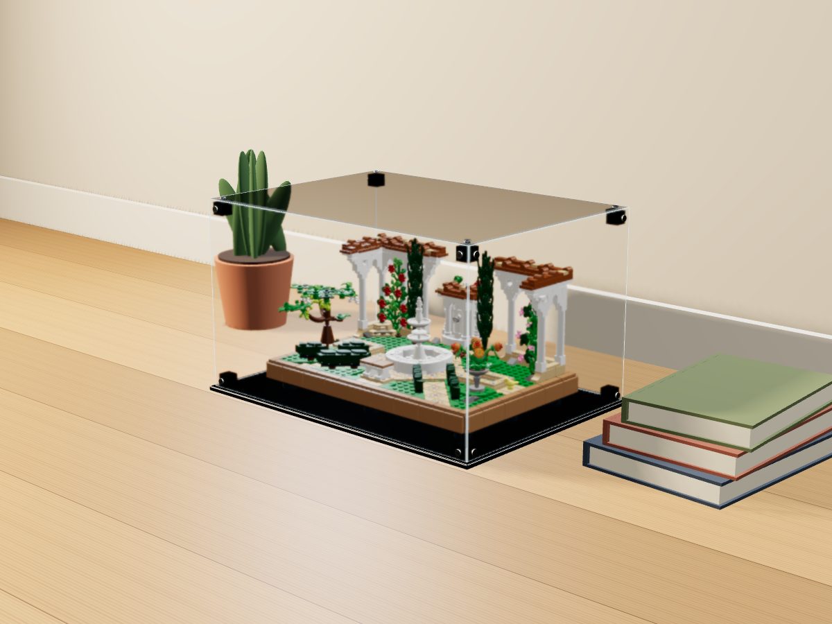 LEGO® Icons: Fountain Garden (10359) ile Uyumlu Sergileme Vitrini — evde, set içindeyken; set modeli Orion Pobursky (LDraw OMR, CC BY 4.0), temsili görselleştirme, set dahil değildir
