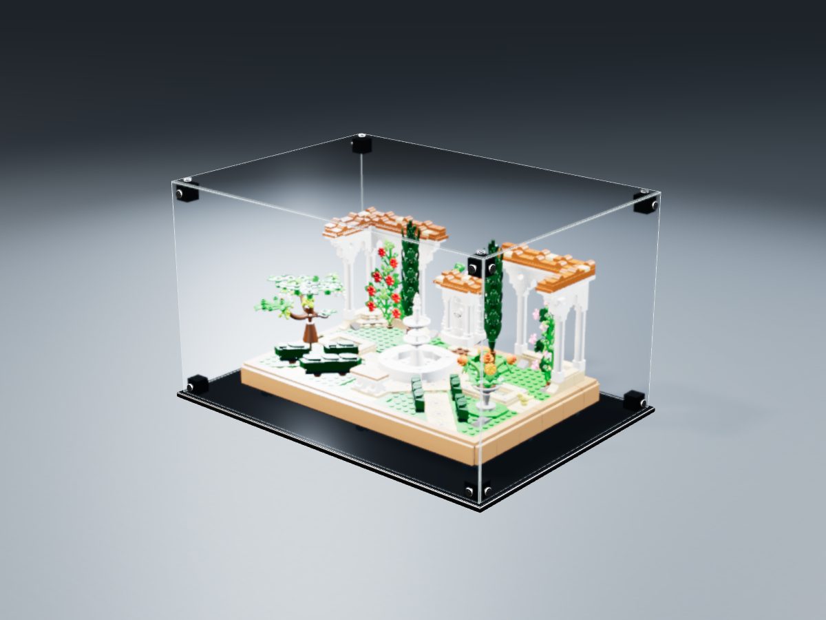 LEGO® Icons: Fountain Garden (10359) ile Uyumlu Sergileme Vitrini — stüdyoda, set içindeyken; set modeli Orion Pobursky (LDraw OMR, CC BY 4.0), temsili görselleştirme, set dahil değildir