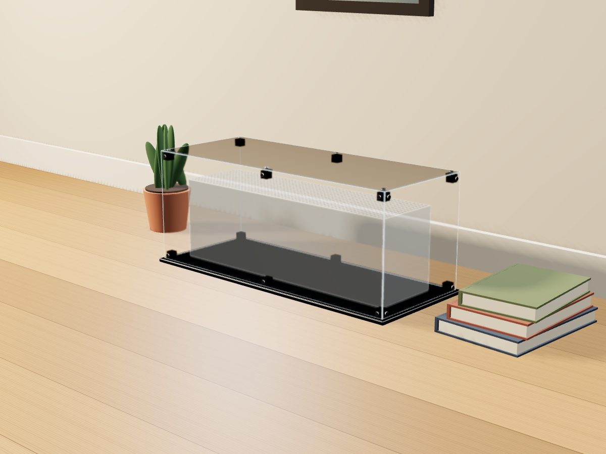 LEGO® Diğer: Antique Fire Engine (19002) ile Uyumlu Sergileme Vitrini — evde, setin tahmini ölçüsünde (vitrin iç ölçüsünden) temsili hacimle; setin biçimi çizilmez, set dahil değildir