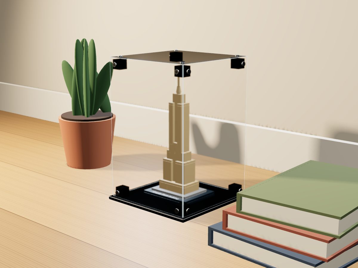 LEGO® Architecture: Empire State Building (21002) ile Uyumlu Sergileme Vitrini — evde, set içindeyken; set modeli Orion Pobursky (LDraw OMR, CC BY 2.0), temsili görselleştirme, set dahil değildir