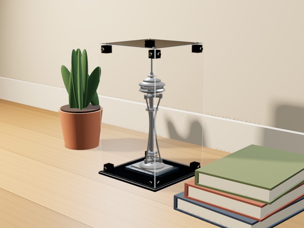 LEGO® Architecture: Seattle Space Needle (21003) ile Uyumlu Sergileme Vitrini — evde, set içindeyken; set modeli Damien Roux (LDraw OMR, CC BY 2.0), temsili görselleştirme, set dahil değildir