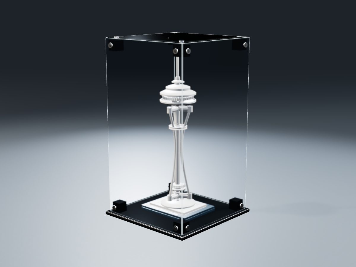 LEGO® Architecture: Seattle Space Needle (21003) ile Uyumlu Sergileme Vitrini — stüdyoda, set içindeyken; set modeli Damien Roux (LDraw OMR, CC BY 2.0), temsili görselleştirme, set dahil değildir