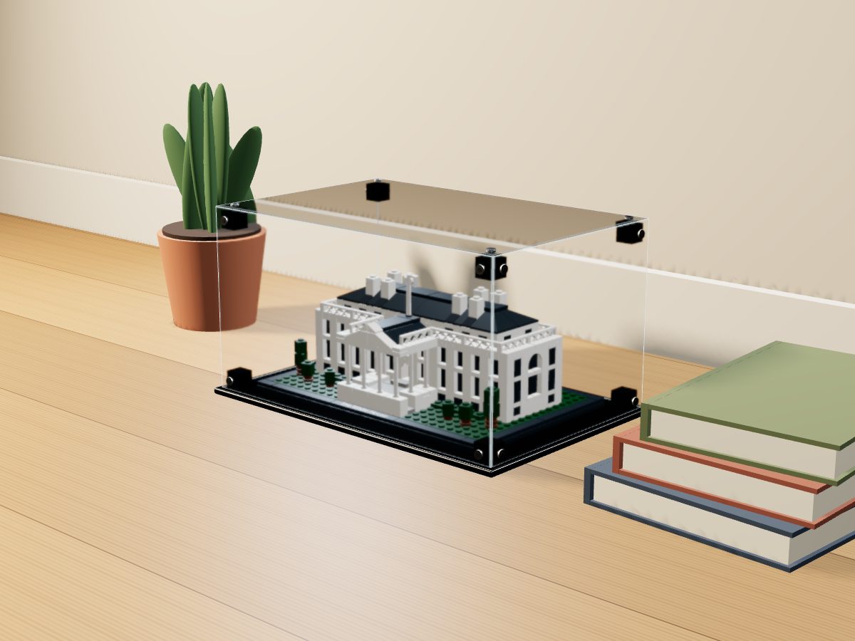 LEGO® Architecture: The White House (21006) ile Uyumlu Sergileme Vitrini — evde, set içindeyken; set modeli Damien Roux (LDraw OMR, CC BY 2.0), temsili görselleştirme, set dahil değildir