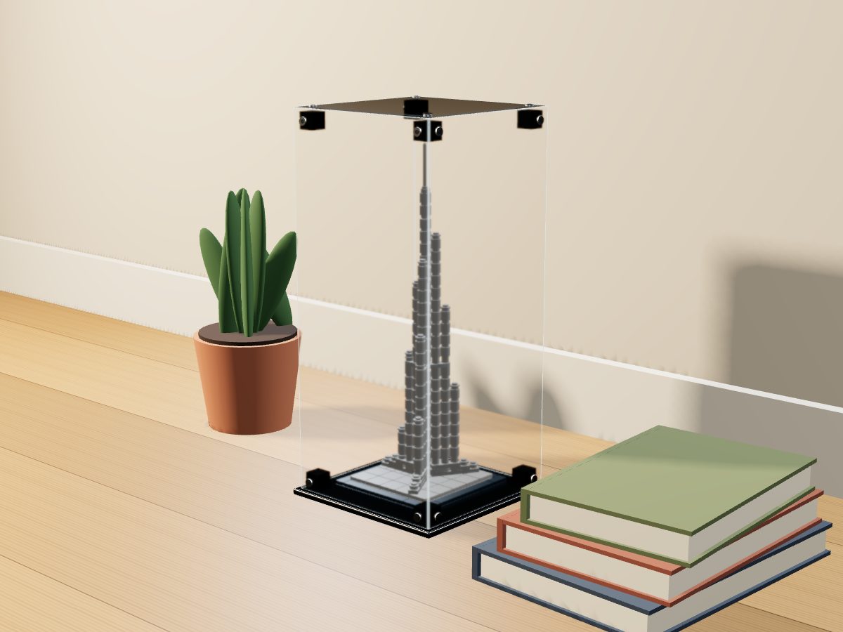 LEGO® Architecture: Burj Khalifa (21008) ile Uyumlu Sergileme Vitrini — evde, set içindeyken; set modeli Orion Pobursky (LDraw OMR, CC BY 2.0), temsili görselleştirme, set dahil değildir