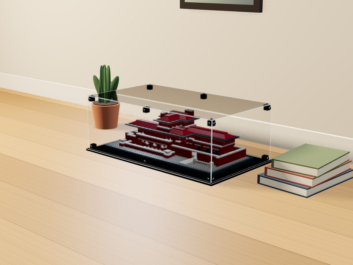 LEGO® Architecture: Robie House (21010) ile Uyumlu Sergileme Vitrini — evde, set içindeyken; set modeli Merlijn Wissink (LDraw OMR, CC BY 2.0), temsili görselleştirme, set dahil değildir