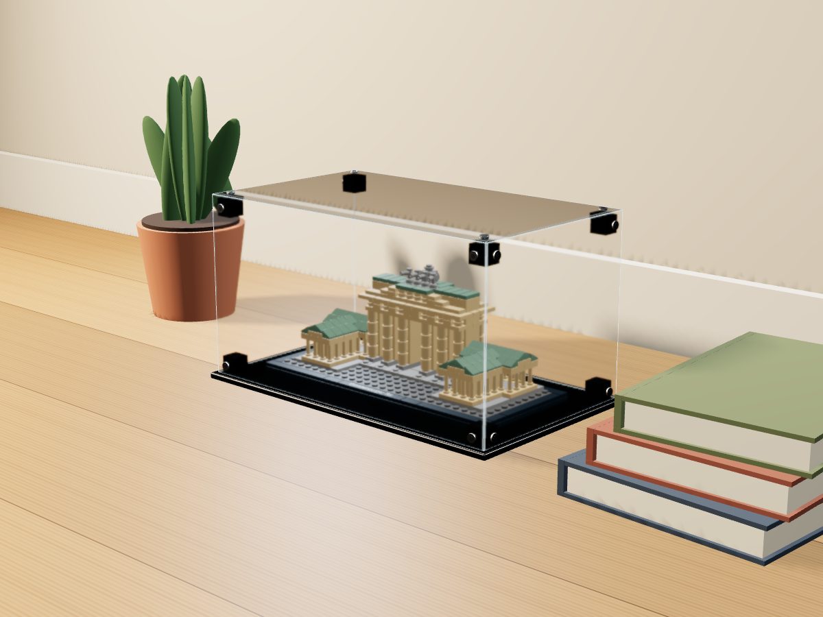 LEGO® Architecture: Brandenburg Gate (21011) ile Uyumlu Sergileme Vitrini — evde, set içindeyken; set modeli Orion Pobursky (LDraw OMR, CC BY 2.0), temsili görselleştirme, set dahil değildir