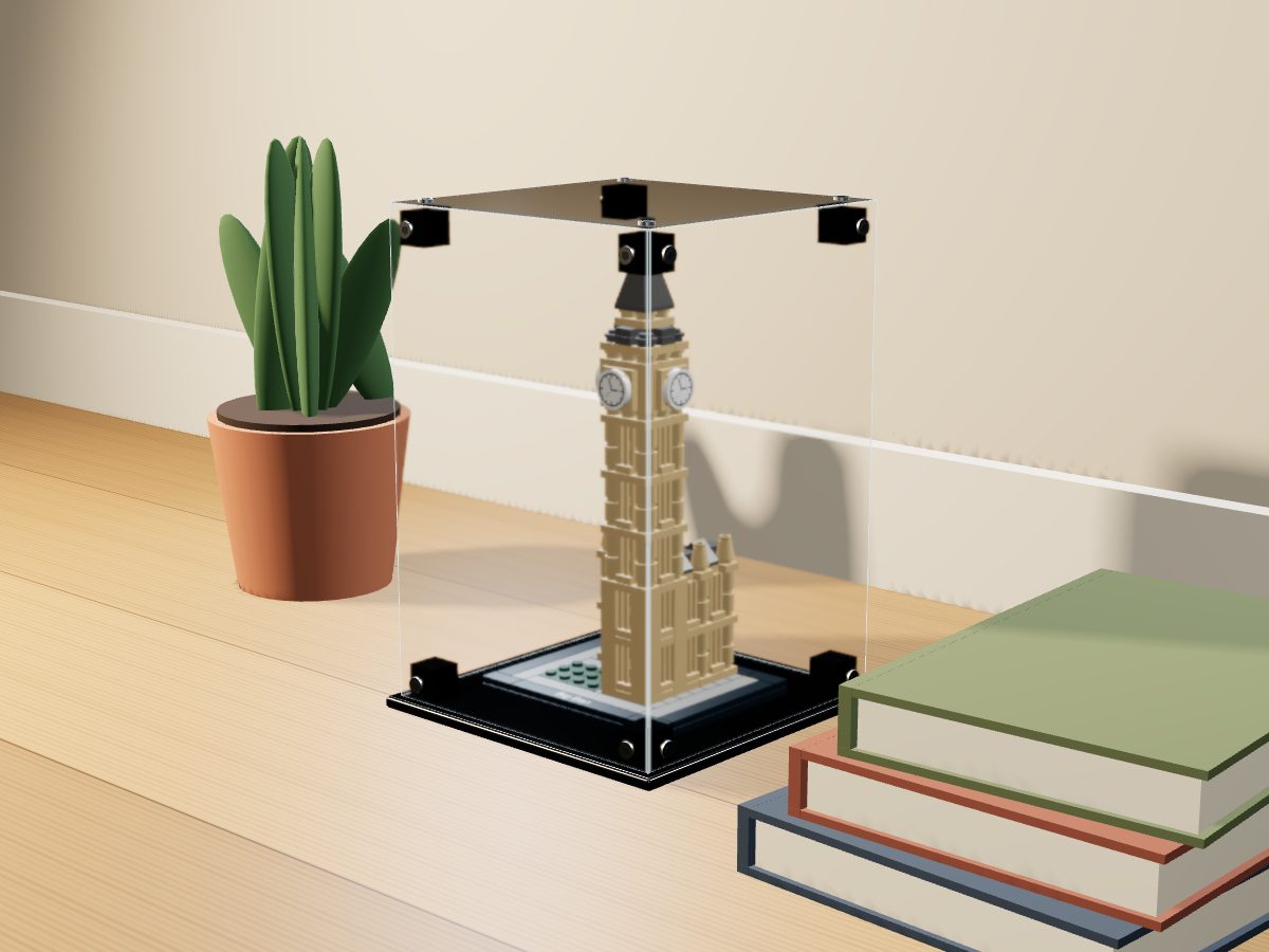 LEGO® Architecture: Big Ben (21013) ile Uyumlu Sergileme Vitrini — evde, set içindeyken; set modeli Greg Teft (LDraw OMR, CC BY 2.0), temsili görselleştirme, set dahil değildir