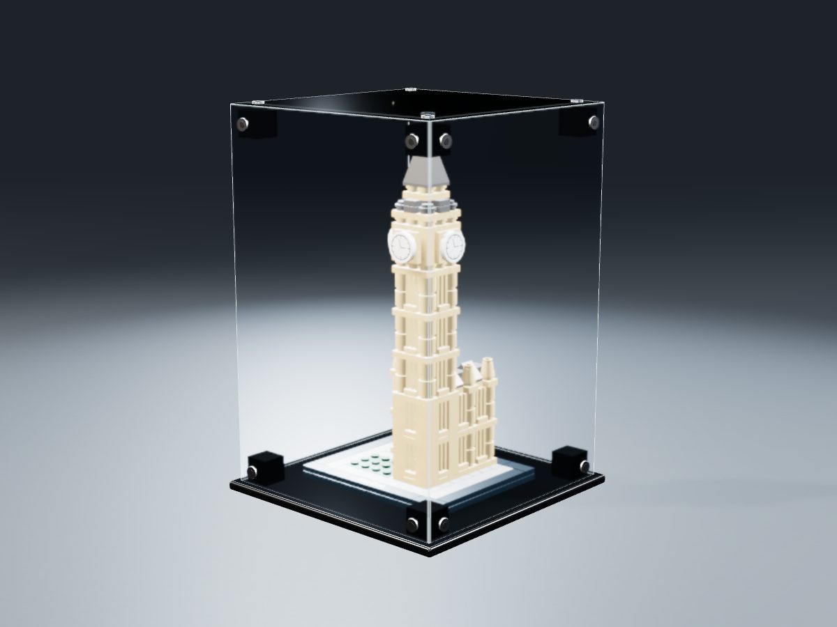 LEGO® Architecture: Big Ben (21013) ile Uyumlu Sergileme Vitrini — stüdyoda, set içindeyken; set modeli Greg Teft (LDraw OMR, CC BY 2.0), temsili görselleştirme, set dahil değildir